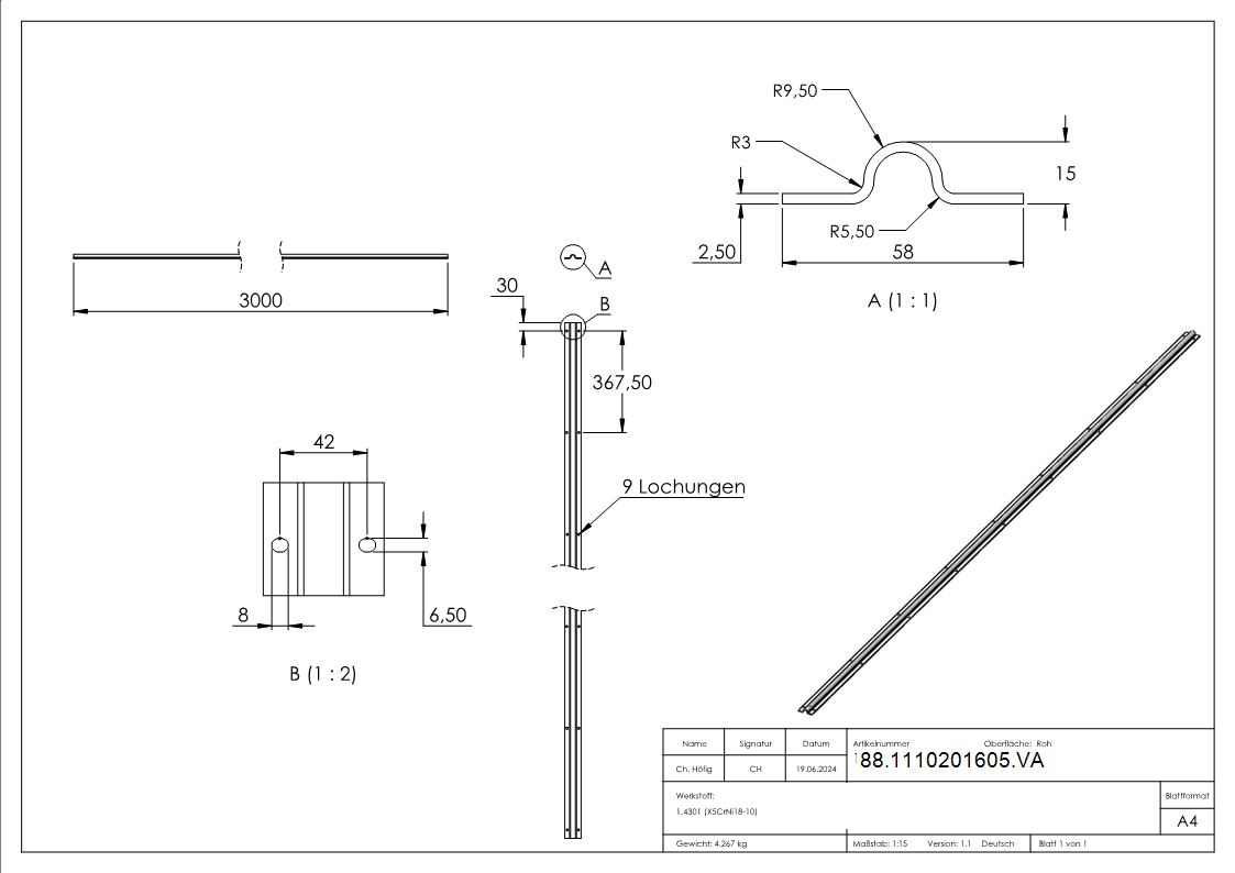 Laufschiene zum Aufschrauben, Länge: 3000mm, V2A