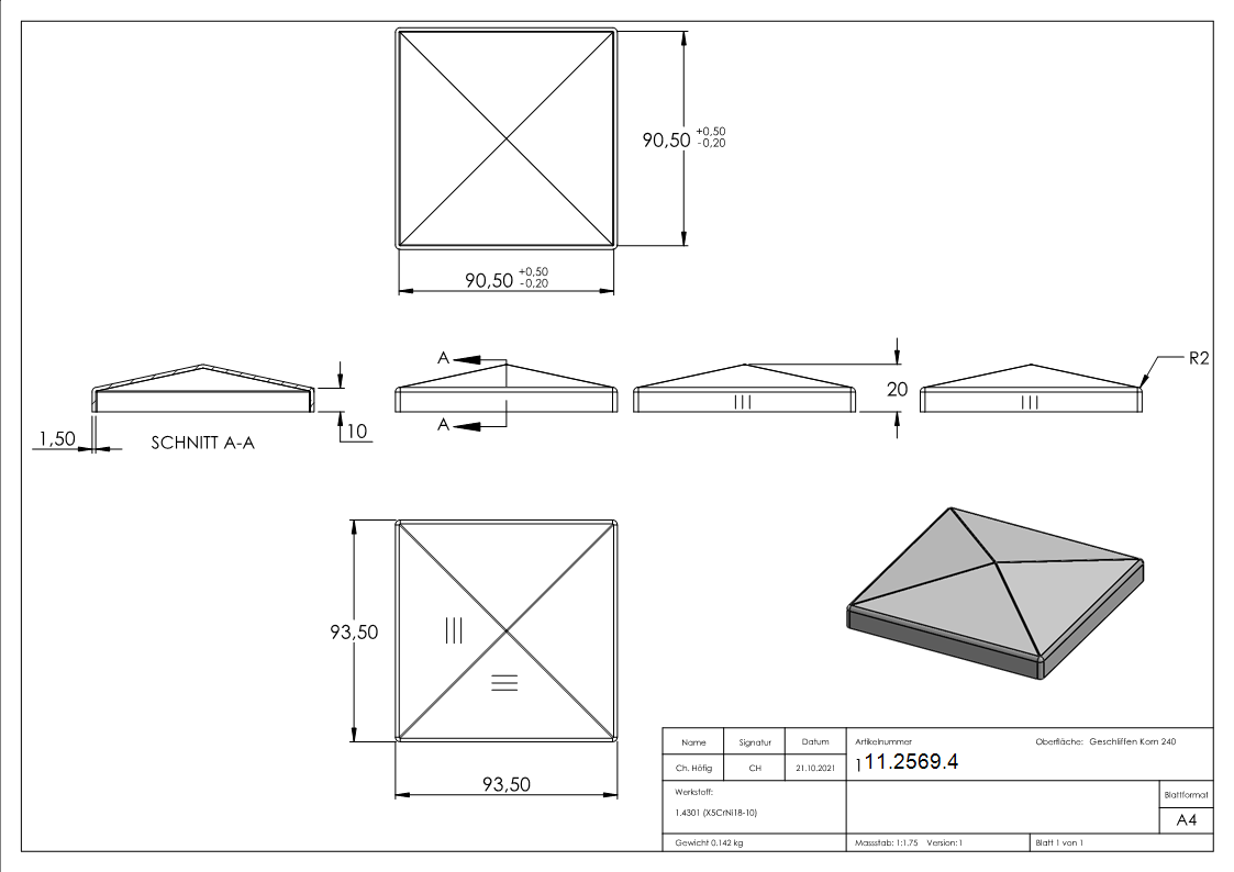 Pfostenkappe | für Vierkantrohr: 90x90 mm | V2A