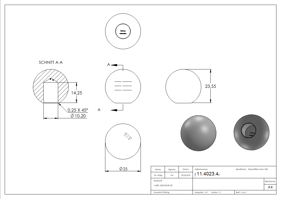 Kugel | Ø 25 mm | mit Sackloch: 10,2 mm | V2A Vollmaterial