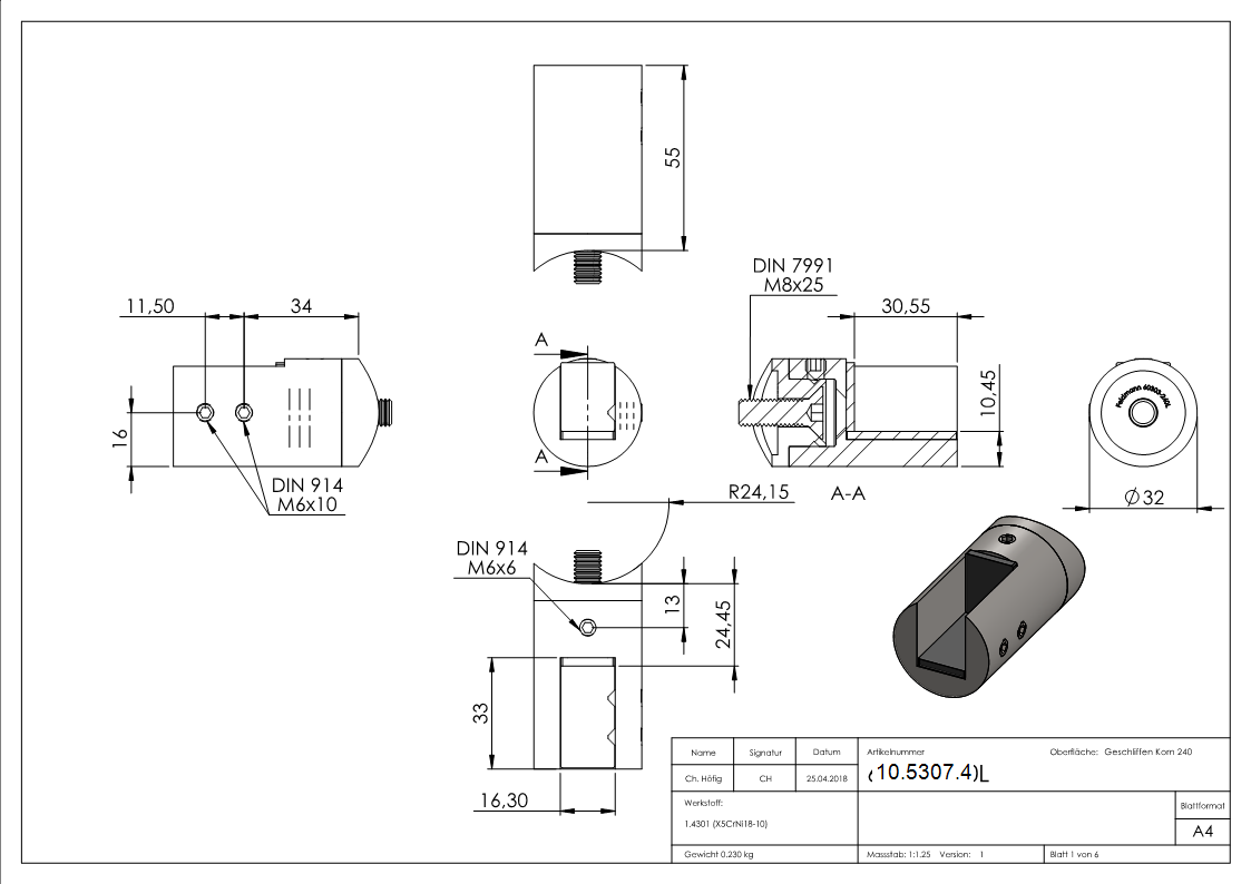 Glas-/Plattenhalter Ø 32 mm mit 48,3 mm Anschluss