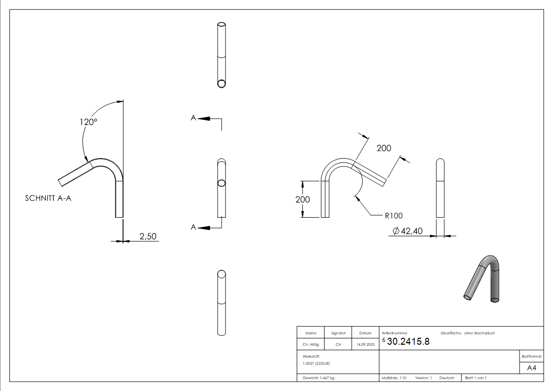 Stahl Rohrbogen | 120° | 42,4x2,5 mm | Stahl S235JR, roh