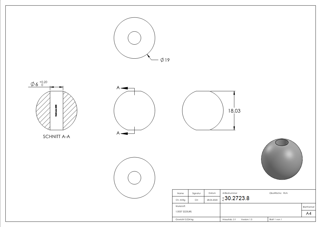 Annietkugel | Ø 19 mm Kopf | Ø 5 mm Bohrung | Stahl S235JR, roh