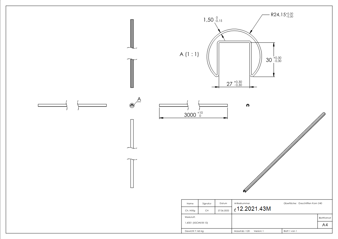 Nutrohr | Ø 48,3x1,5 mm | mit Nut: 27x30 mm | Länge: 3000 mm | V2A