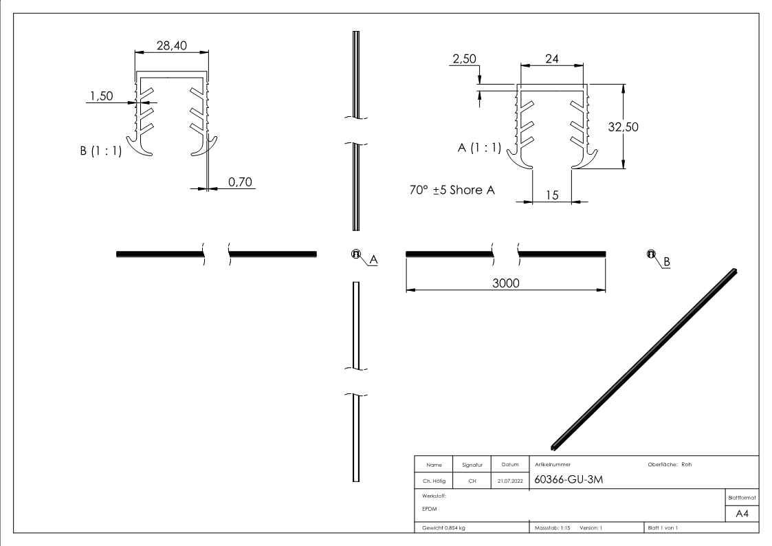 Keildichtung Glas 16,76 – 17,52mm, für Nut 27 x 30mm, Länge 3m, EPDM