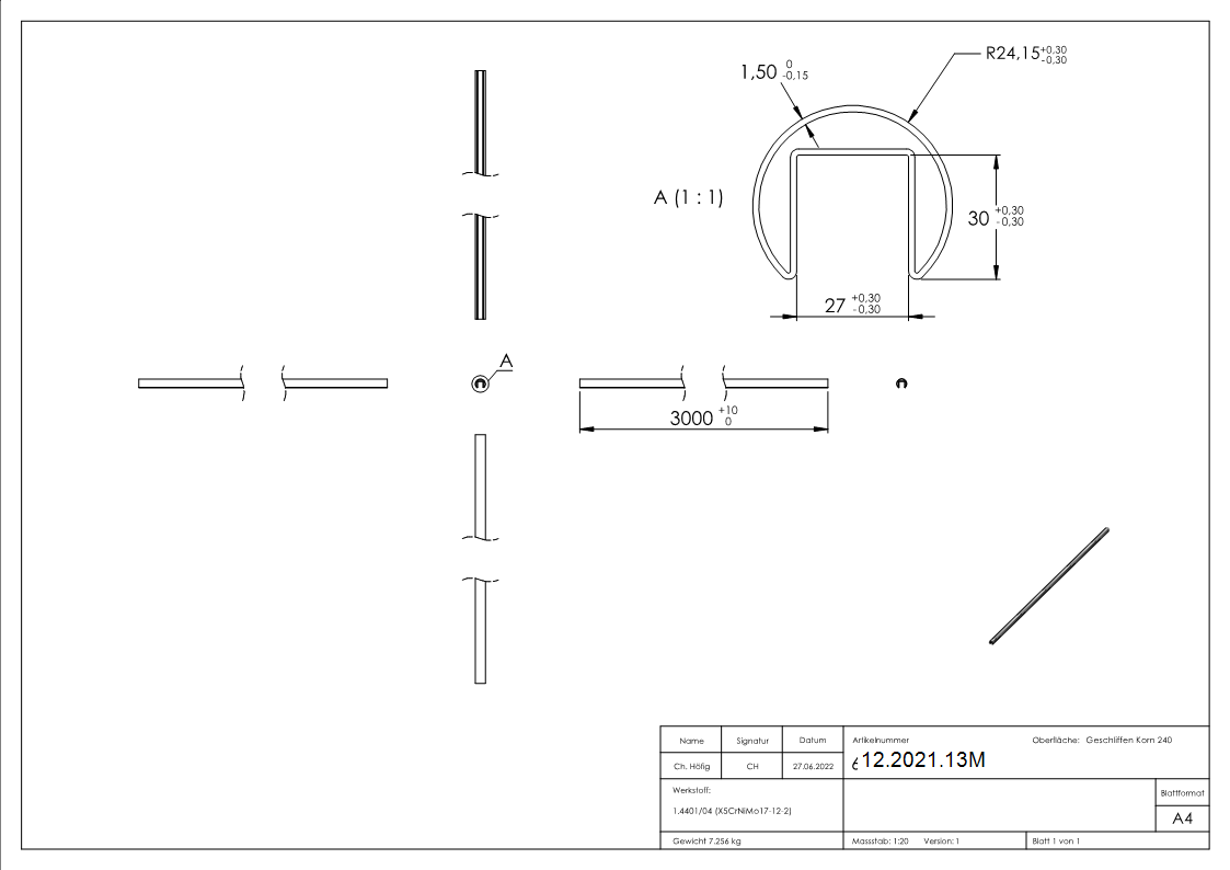 Nutrohr | Ø 48,3x1,5 mm | mit Nut: 27x30 mm | Länge: 3000 mm | V4A