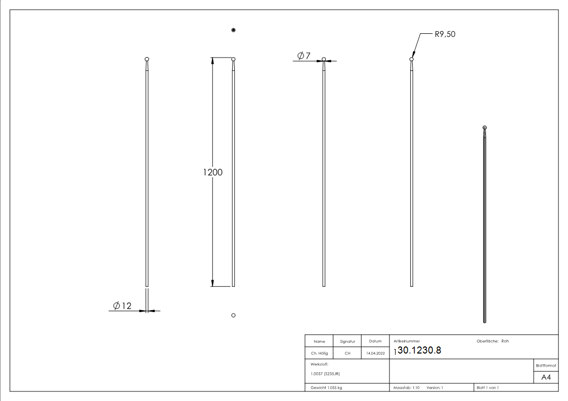 Zaunstab | Länge: 1200 mm | Material Ø 12 mm + Kugel Ø 19 mm | Stahl S235JR, roh