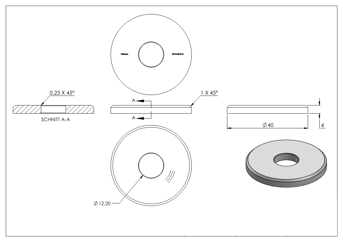 Ronde, Ø 40 x 4mm, mit Bohrung 12,2mm, V2A