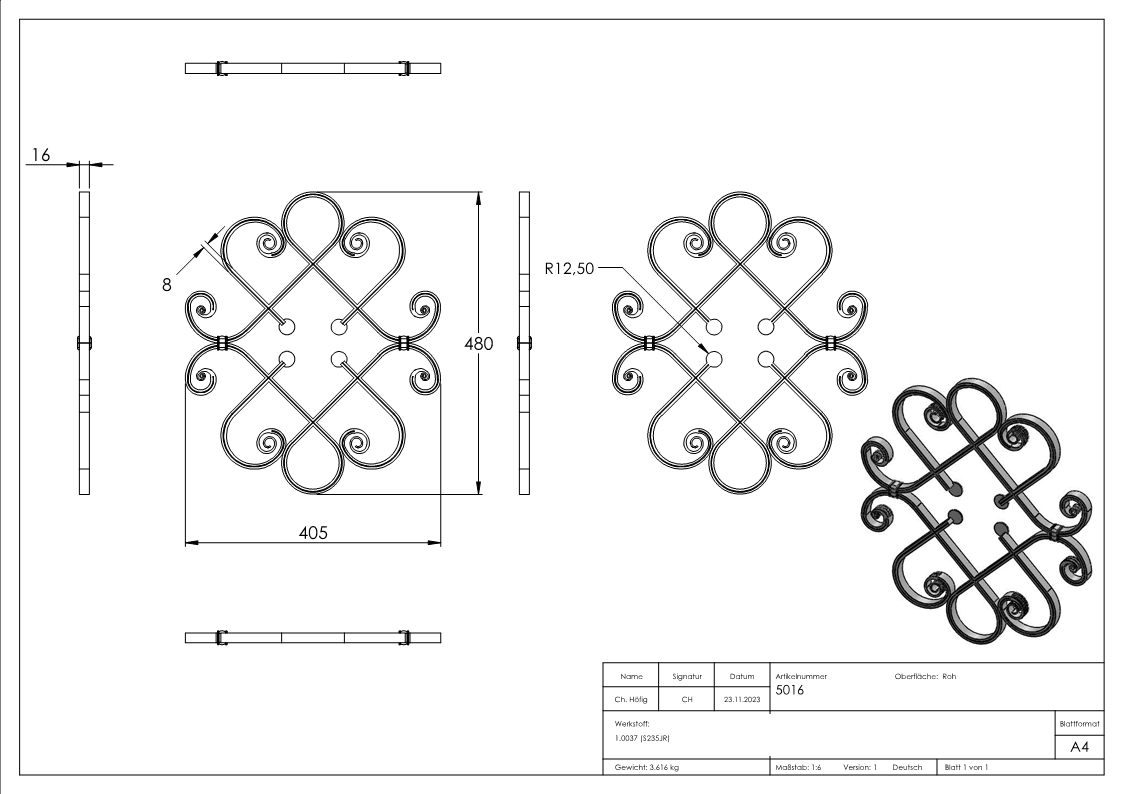 Schwerbarock | Maße: 405x480 mm | Material: 16x8 mm, gerillt | Stahl S235JR, roh