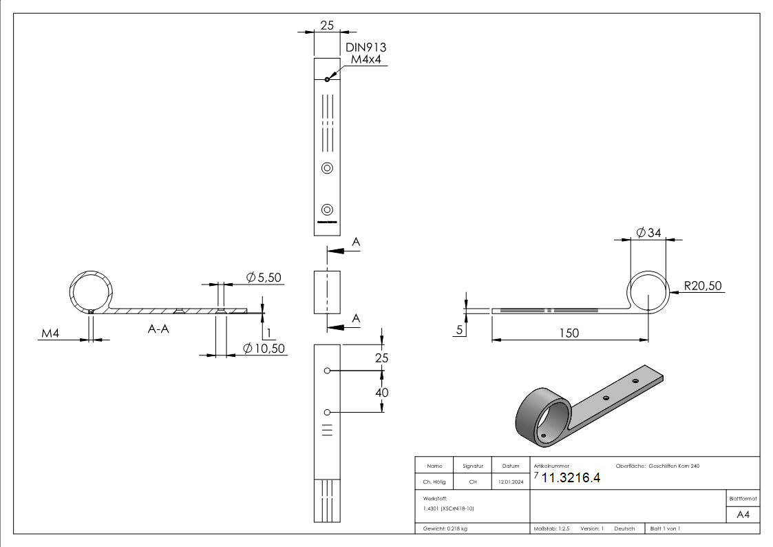 Handlaufstütze für Ø 33,7 mm V2A