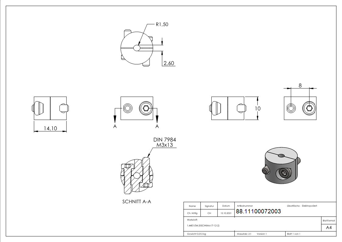 Rundklemme 2-teilig für Seil Ø 3mm, V4A