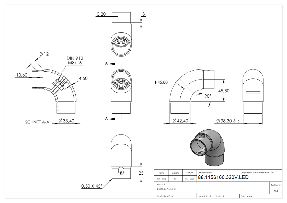 Rohrbogen 90°, verstellbar, für 42,4 x 2,0mm