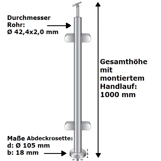 Geländerpfosten | Mittelpfosten | Länge: 1000 mm | für aufgesetzte Montage | V2A