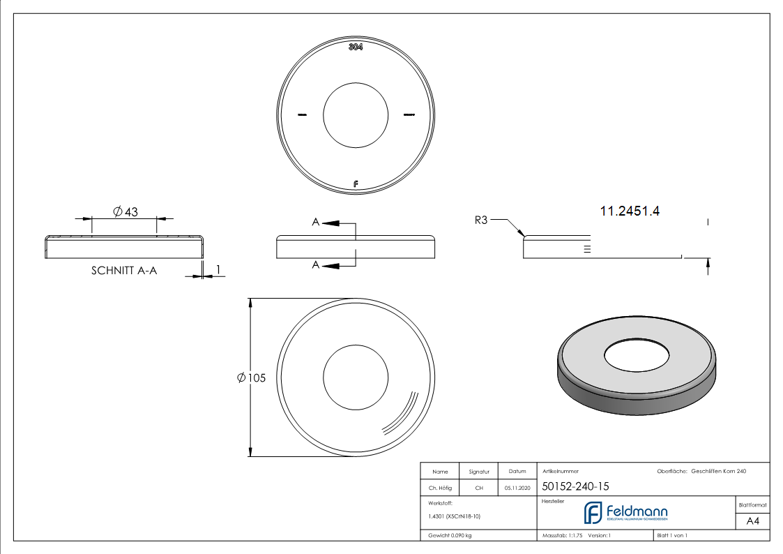 Abdeckrosette Ø 105x15 mm für Rundrohr: Ø 42,4 mm V2A