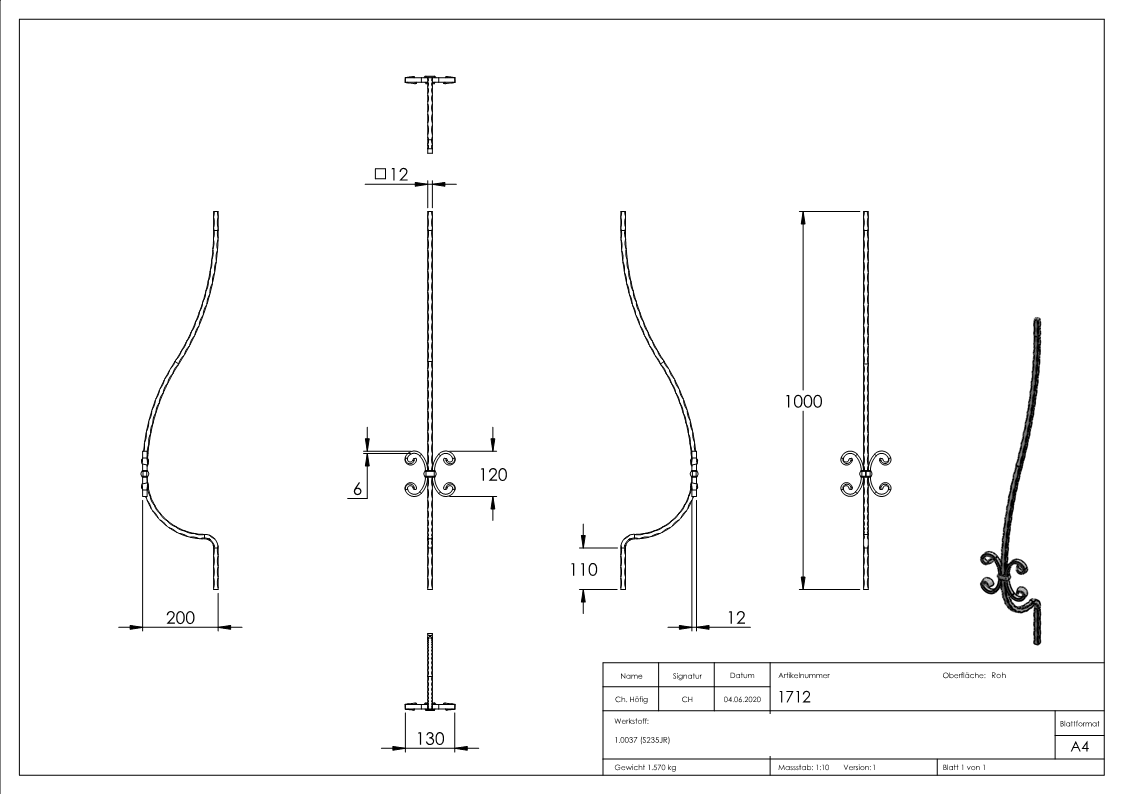 Bauchstab | Länge: 1000 mm | Material: 12x12 mm | Stahl S235JR, roh