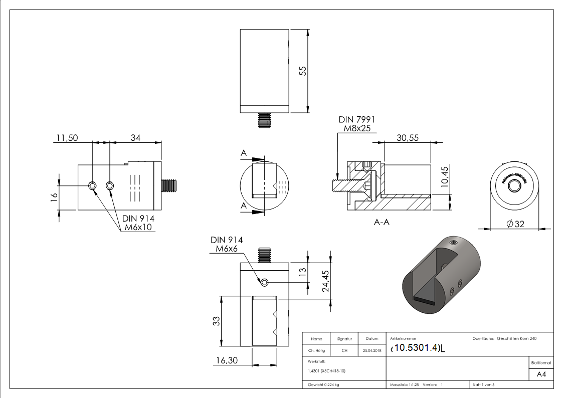 Glas-/Plattenhalter Ø 32 mm mit flachem Anschluss