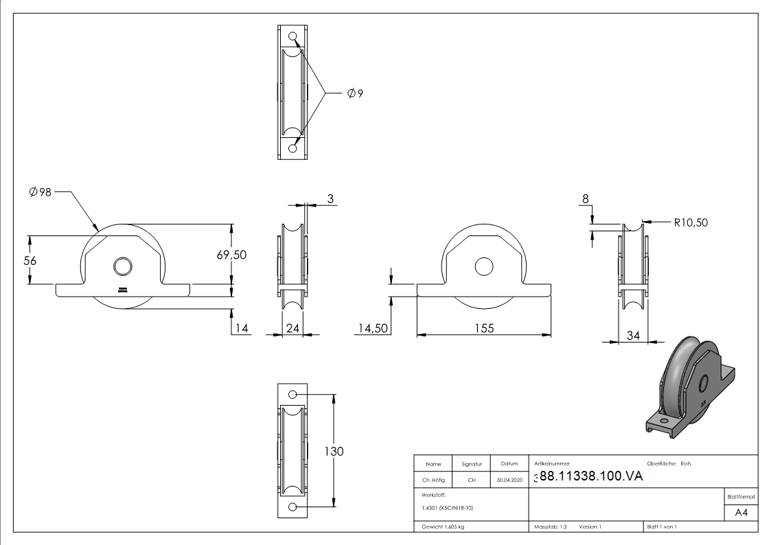 Schiebetorrolle, Ø 98mm, V2A