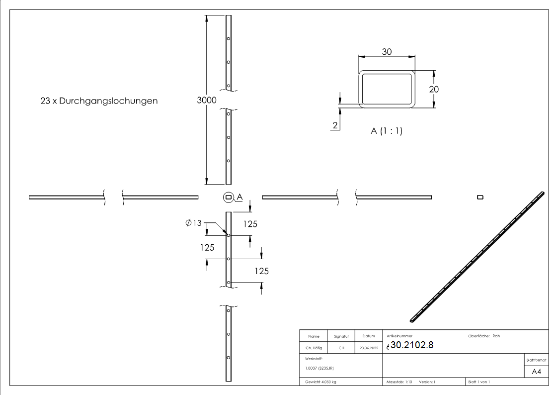 Rechteckrohr | Maße: 30x20x2 mm | Länge: 3000 mm | Stahl S235JR, roh