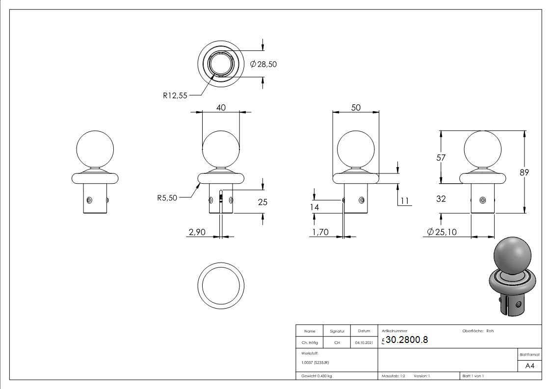 Kugelrohrknopf für Ø 33,7x2,5-2,9 mm | Stahl S235JR, roh