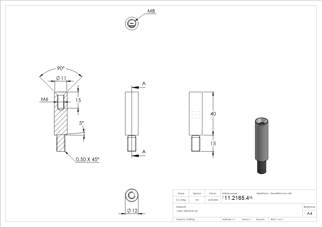 Stift | Maße: 40x12 mm | mit Außen - und Innengewinde | V2A