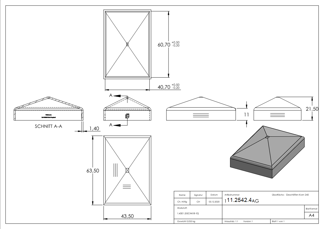 Pfostenabdeckung | für Vierkantrohr: 60x40 mm | V2A