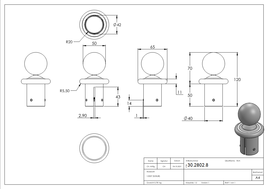 Kugelrohrknopf für Ø 48,3x2,5-2,9 mm | Stahl S235JR, roh