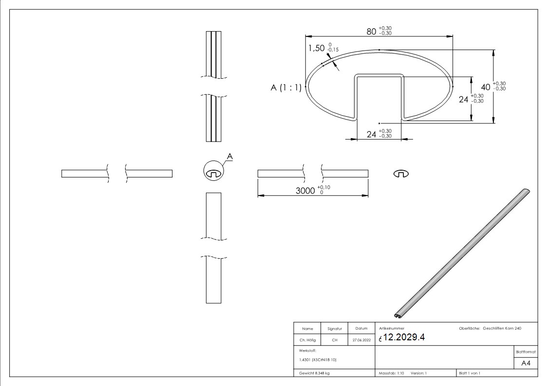 Oval-Nutrohr | Maße: 80x40x1,5 mm | Nut: 24x24 mm | Länge: 3000 mm | V2A