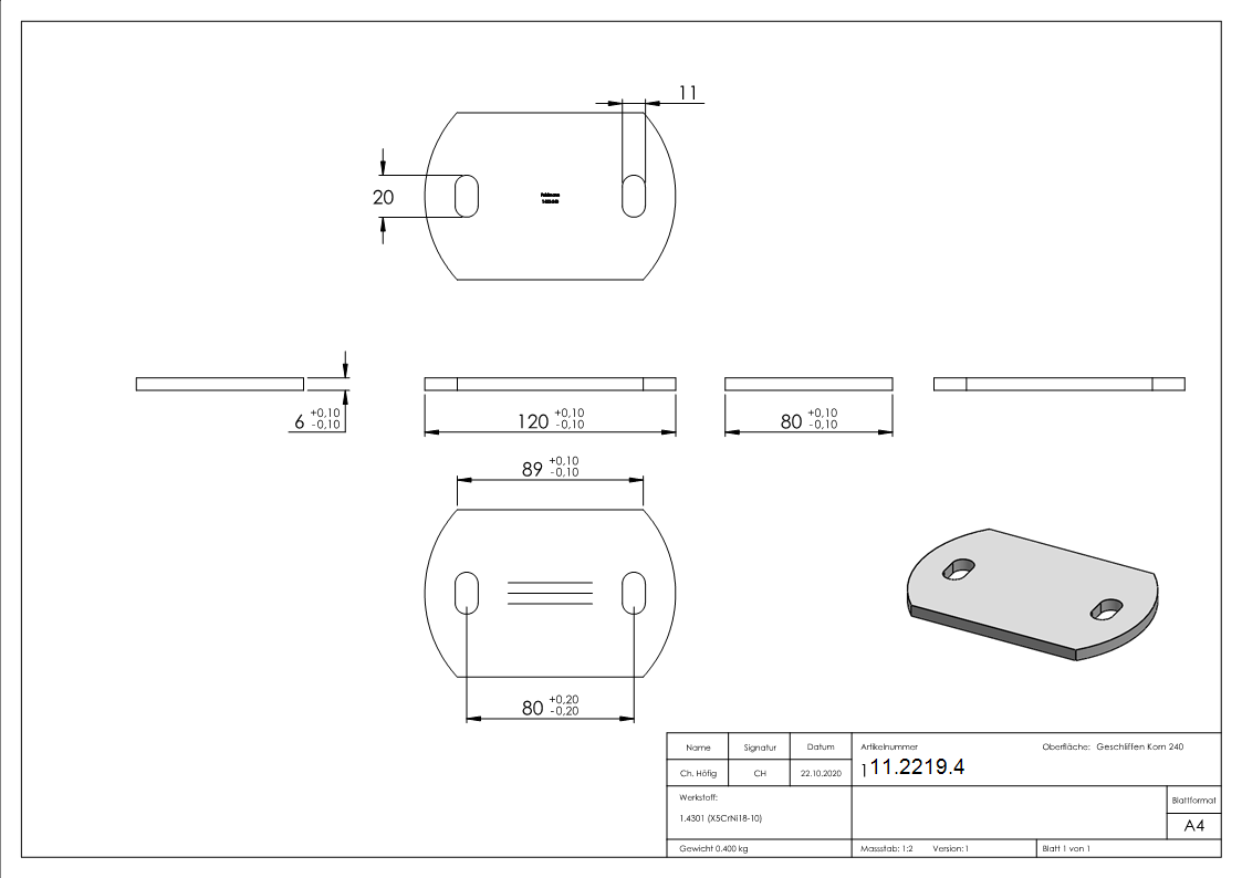 Ankerplatte | Maße: 120 x 80 x 6 mm | mit Langlochbohrung | V2A