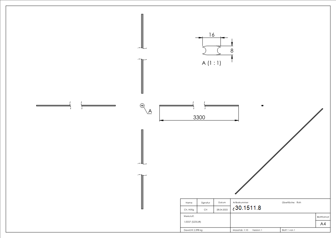 Flacheisen | Material: 16x8 mm | Länge: 3300 mm | Stahl (Roh) S235JR