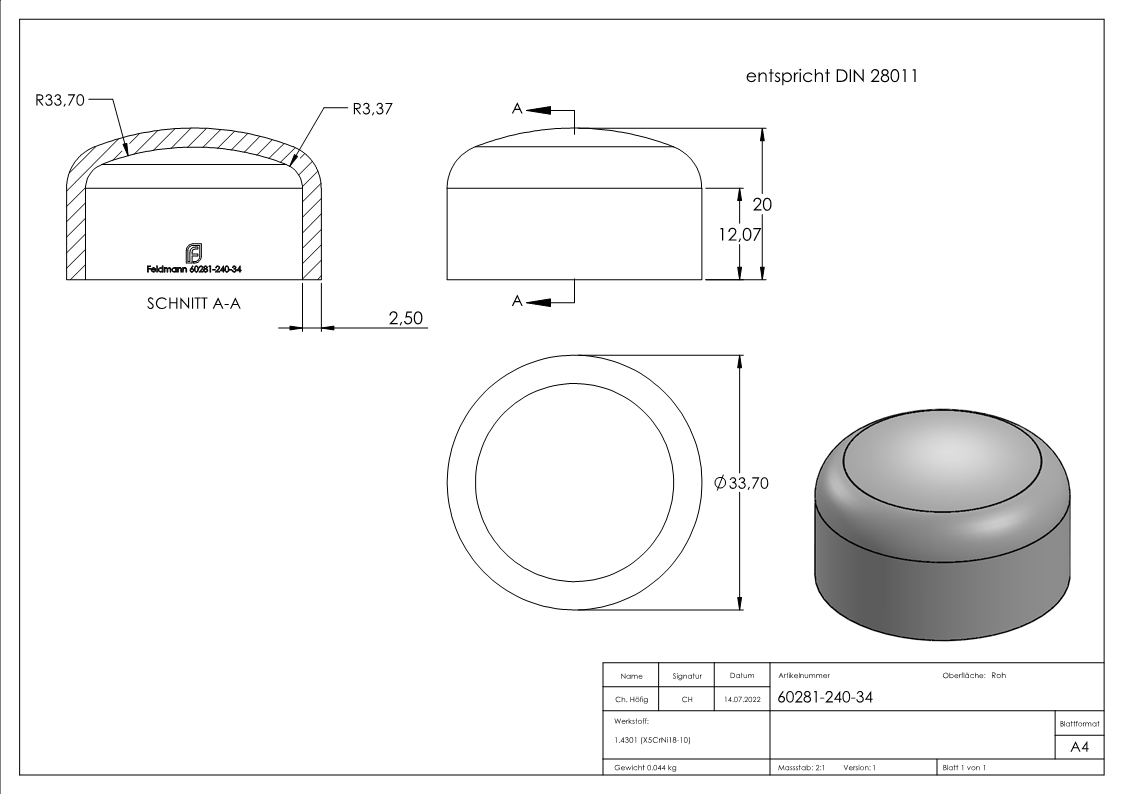 Klöpperboden 33,7 x 2,0mm, DIN 28011, V2A