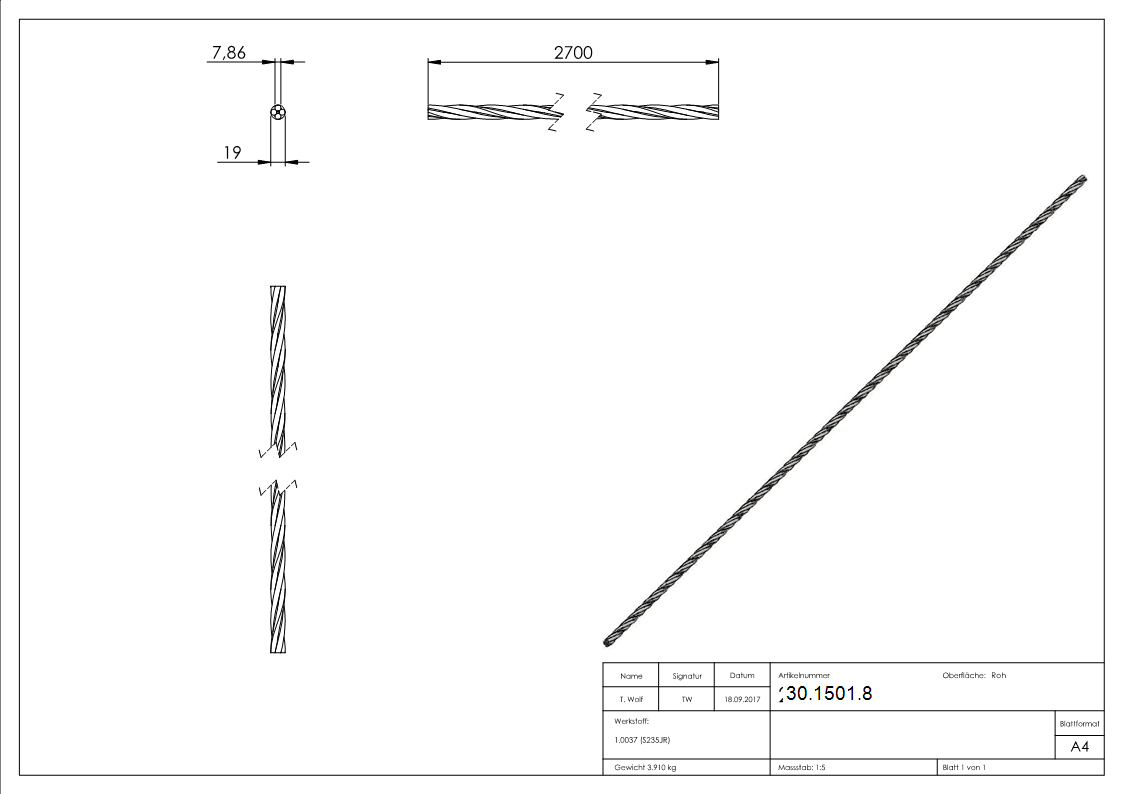 Gereeperter Handlauf | Material: Ø 19 mm | Länge: 2700 mm | Stahl (Roh) S235JR