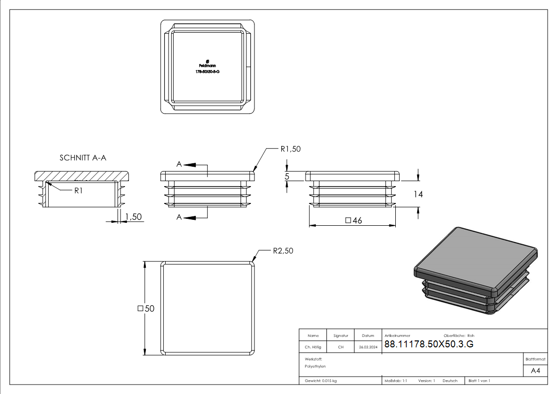 Kunststoffkappe für Quadratrohr 50x50mm