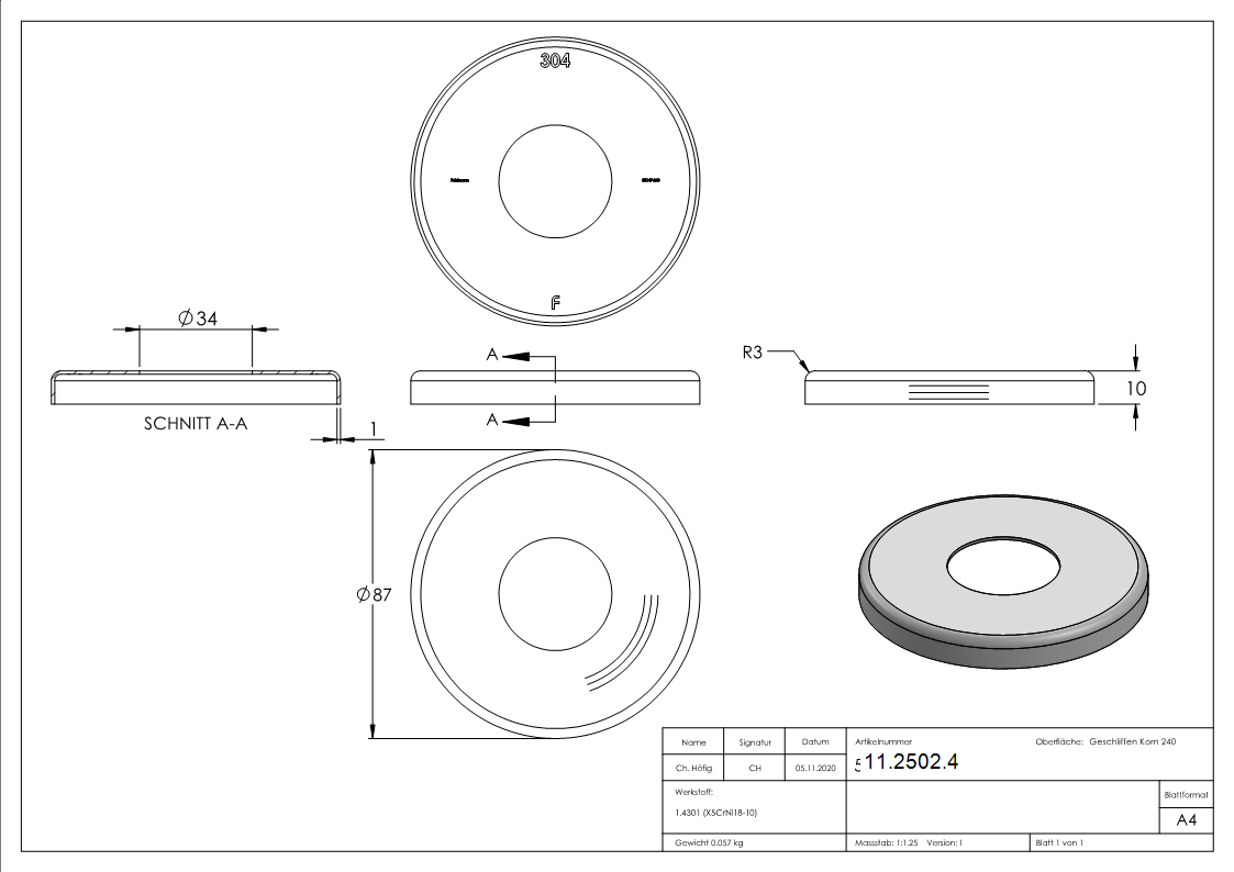 Abdeckrosette Ø 87x10 mm für Rundrohr: Ø 33,7 mm V2A