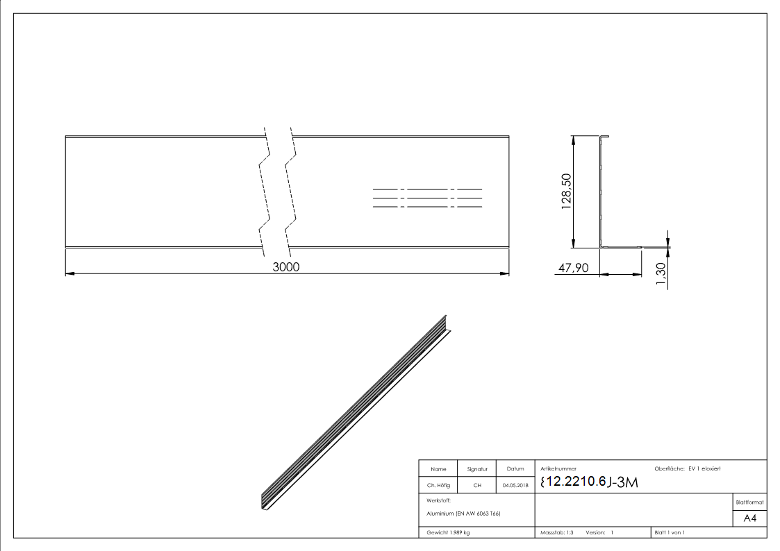 Abdeckung für Ganzglasgeländer | MASSIV | Länge: 3000 mm | seitliche Montage | Aluminium