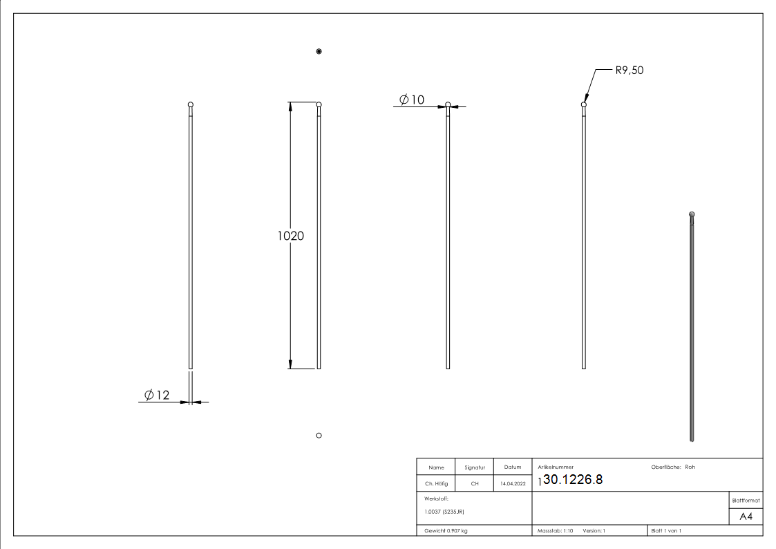 Zaunstab | Länge: 1020 mm | Material Ø 12 mm + Kugel Ø 19 mm | Stahl S235JR, roh