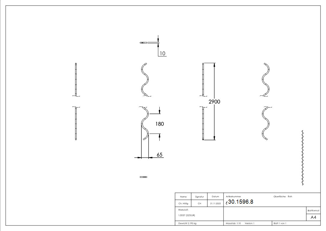 Ziergitterstange | Wellenformstab | Material: 10 mm, rund | Länge: 2500 mm | Stahl S235JR, roh