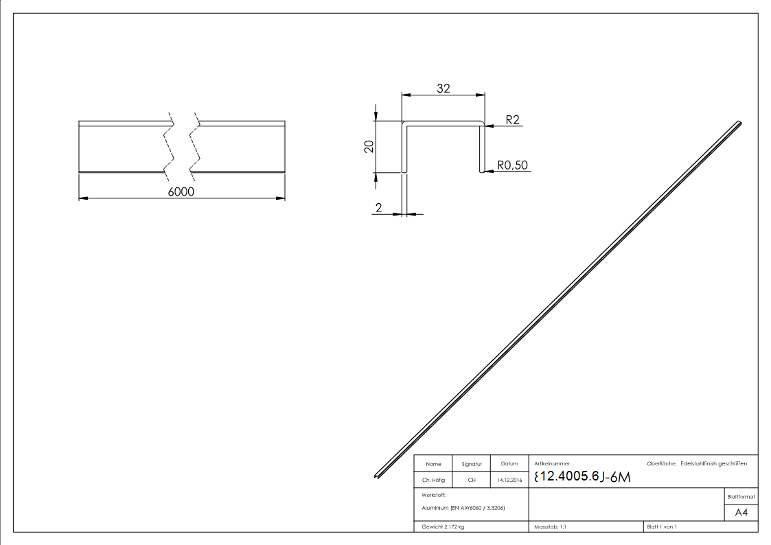 U-Profil | Maße: 32x20x2 mm | Länge: 6000 mm | Aluminium elox. E4/EV1