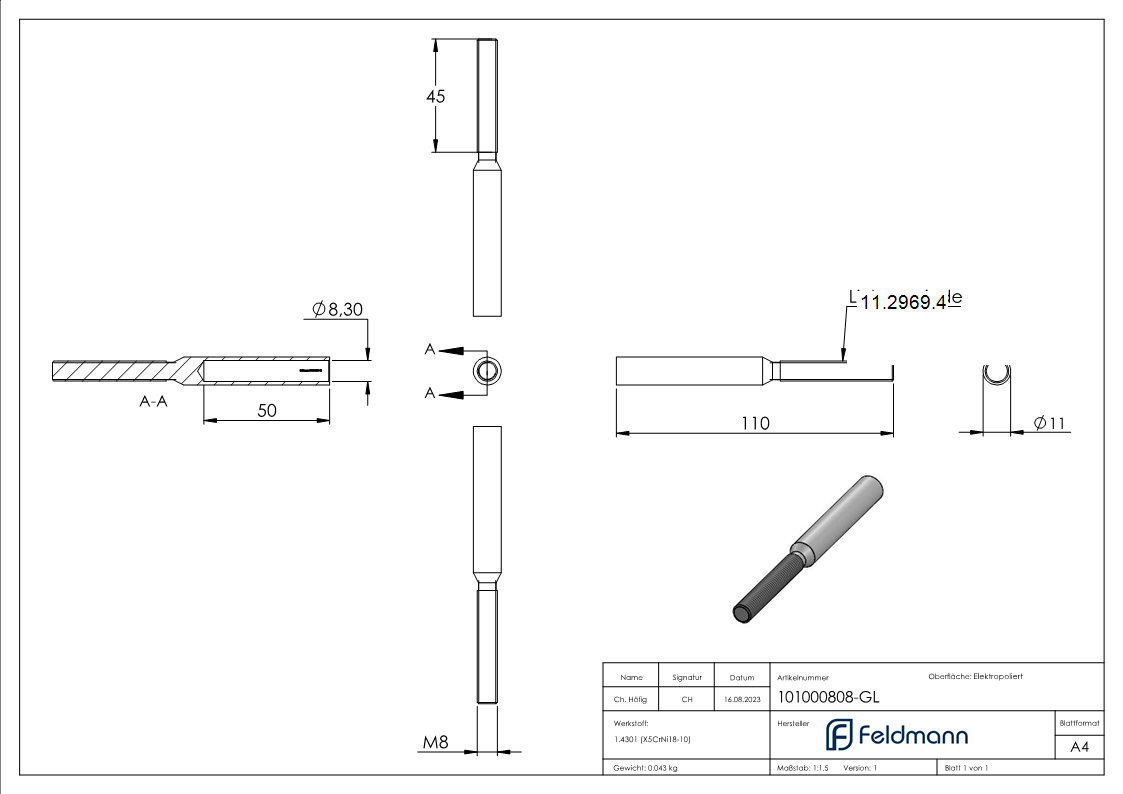 Gewindeterminal mit Außengewinde | Linksgewinde | Für Seil von Ø 8 mm |V2A