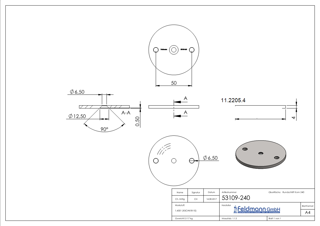 Ankerplatte | Ø 70 x 4 mm | mit Zentrierbohrung: Ø 6,5 mm, gesenkt | V2A