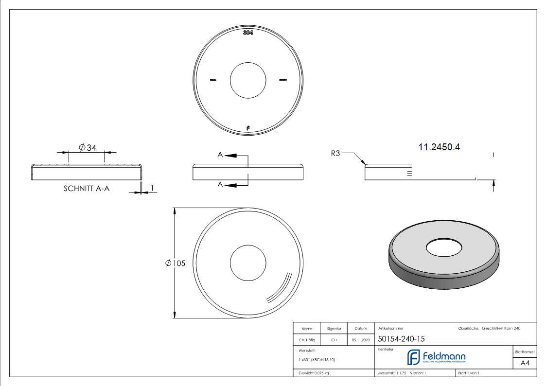 Abdeckrosette Ø 105x15 mm für Rundrohr: Ø 33,7 mm V2A