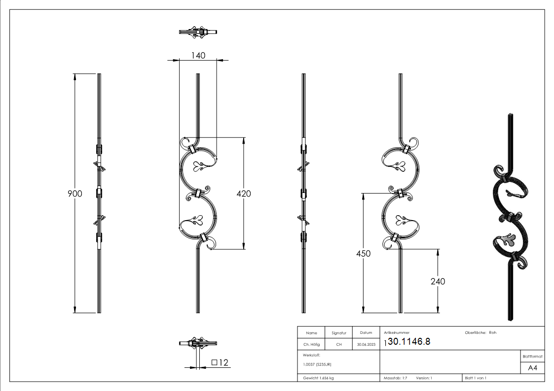 Zierstab | Länge: 900 mm | Material: 12x12 mm gerillt | Stahl S235JR, roh