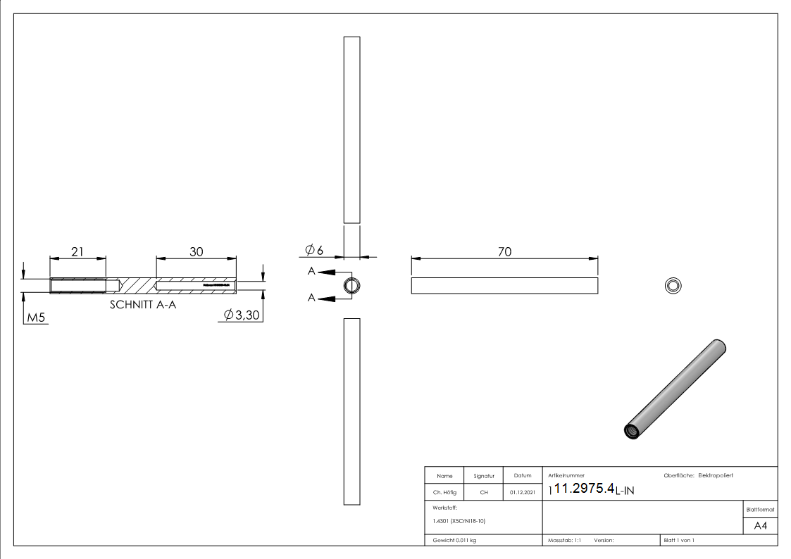 Gewindeterminal mit Innengewinde | Linksgewinde | Für Seil von Ø 3 mm |V2A