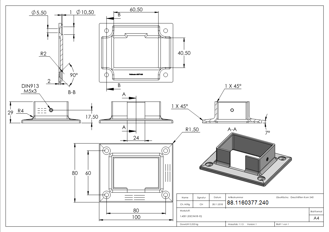 Wandbefestigung für Nutrohr 60x40mm, V2A