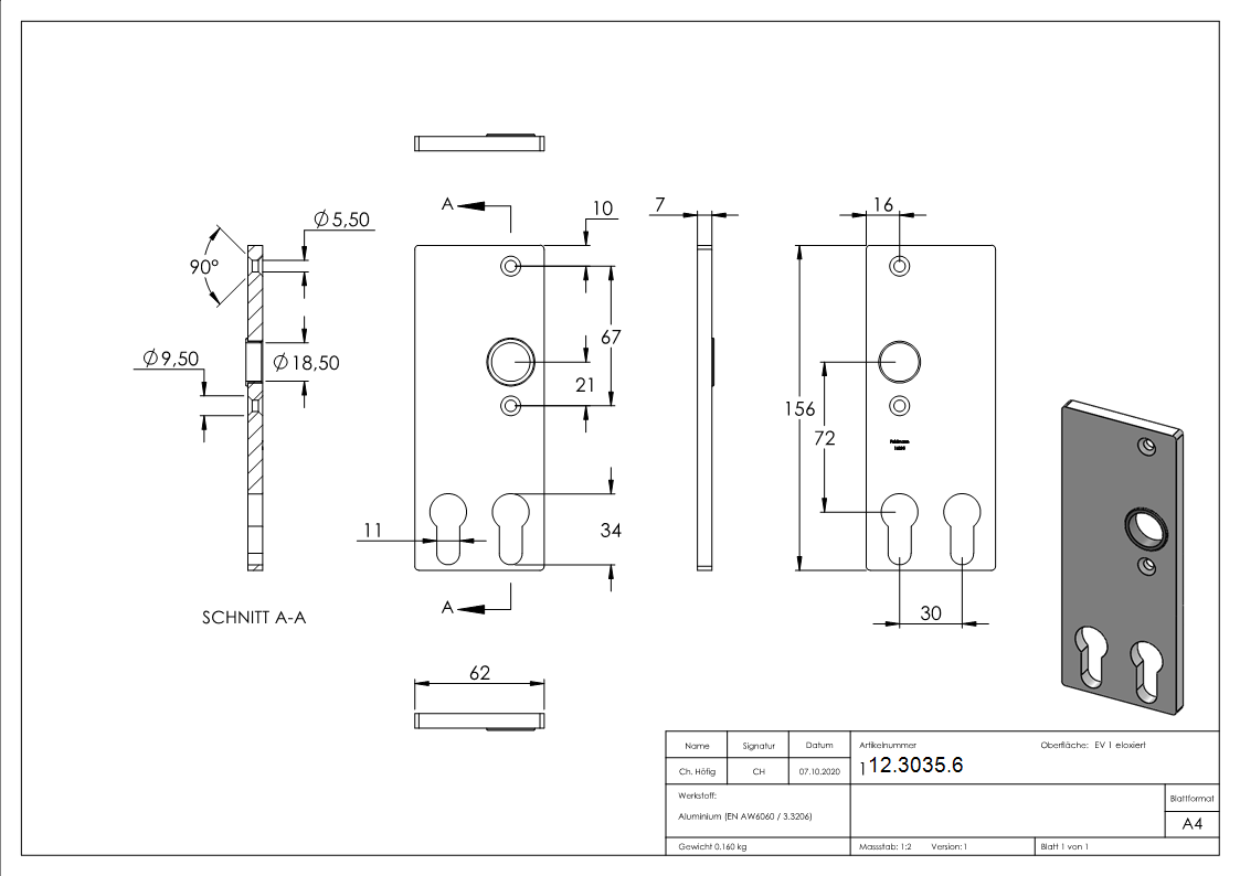 Alu-Kurzschild | Maße: 61x156x6,5 mm | Form: vierkant | Aluminium EV1