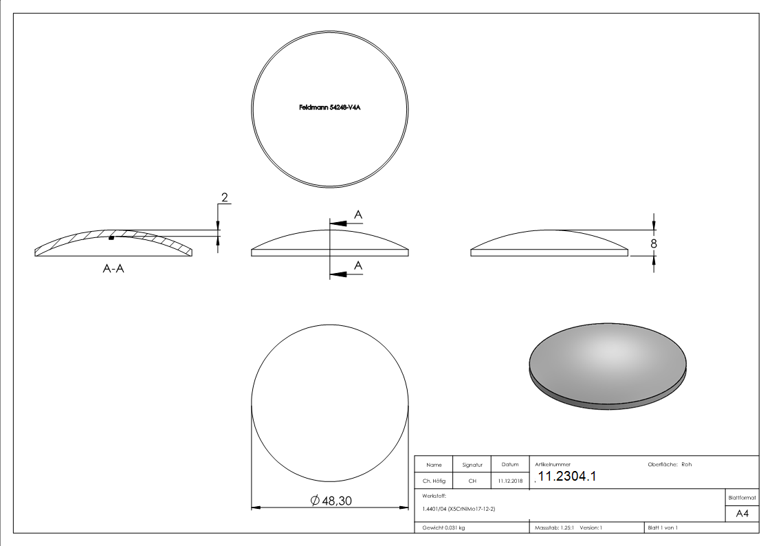 Klöpperboden | Ø 48,3x2,0 mm | gewölbt | ungeschliffen | V4A