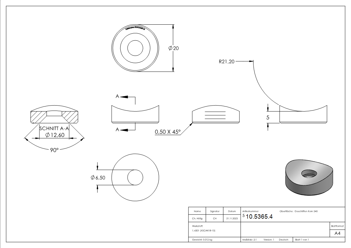 Ausgleichsstück Ø 20 mm für Rundroh Ø 42,4 mm mit Senkbohrung M6 V2A