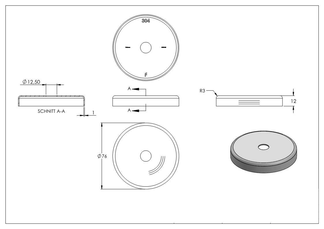 Abdeckrosette Ø 74x11 mm für Rundrohr: Ø 12 mm V2A