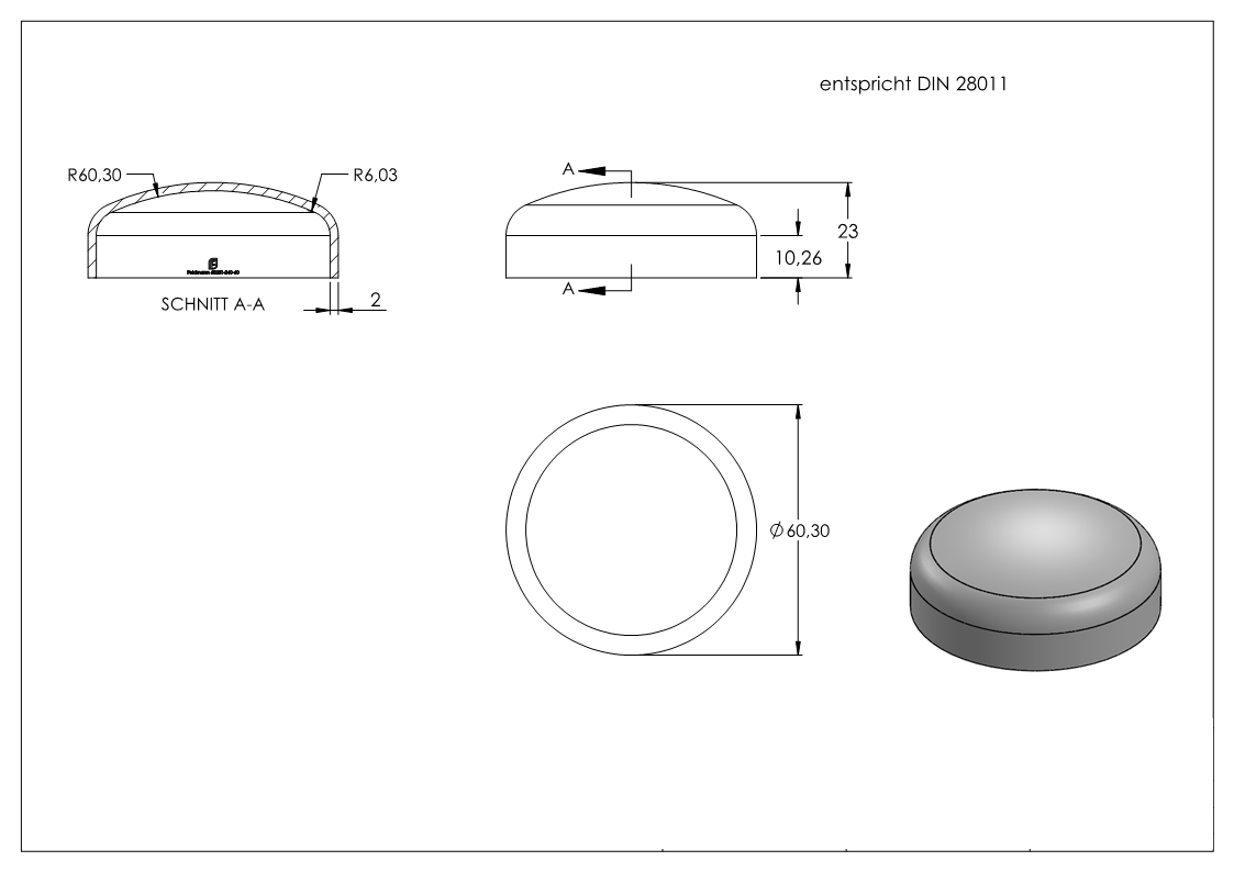 Klöpperboden 60,3 x 2,0mm, DIN 28011, V2A