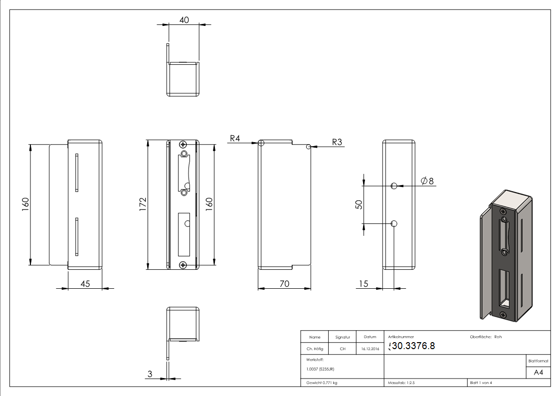 Gegenkasten | Maße: 40x45x172 mm | Stahl (Roh) S235JR