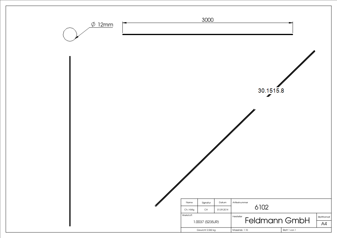 Rundeisen geschmiedet Ø 12 mm Länge: 3000 mm Stahl (Roh) S235JR