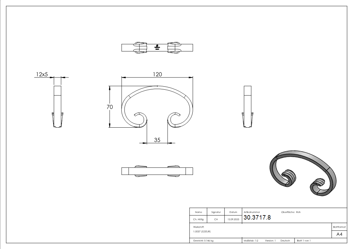 C-Schnecke | Maße: 70x120 mm | Material: 12x5 mm | Stahl S235JR, roh